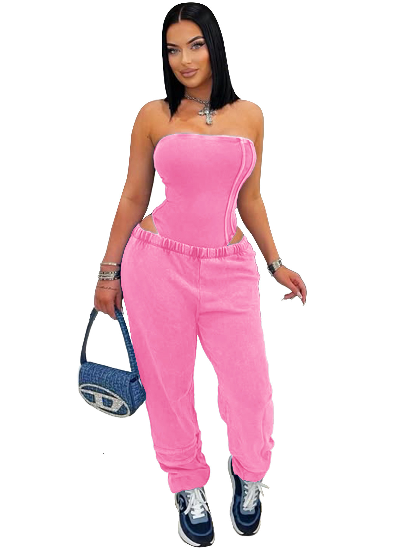 HR25082 womens washed worn strapless slim fitting jumpsuit loose fitting foot binding two-piece set