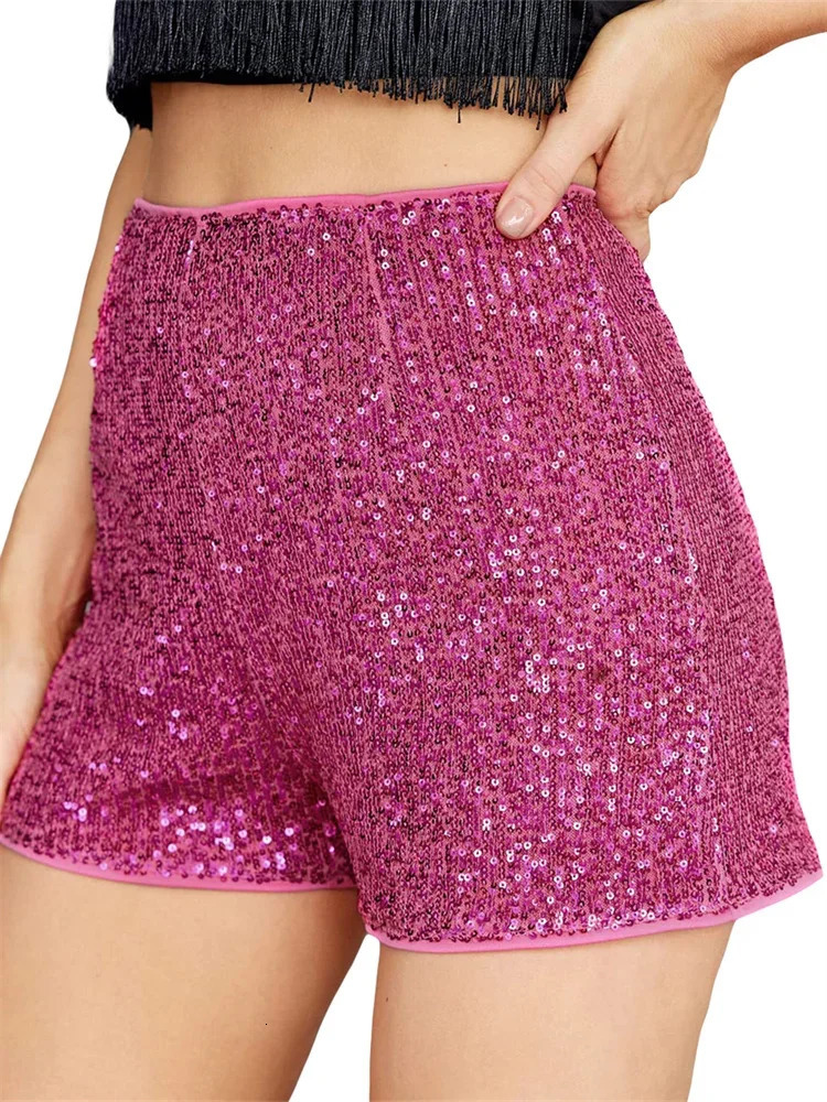 Women Sequin Shorts Elastic High Waist Sparkly Glitter Straight Short Pants Sexy Club Pants Summer Streetwear 250514