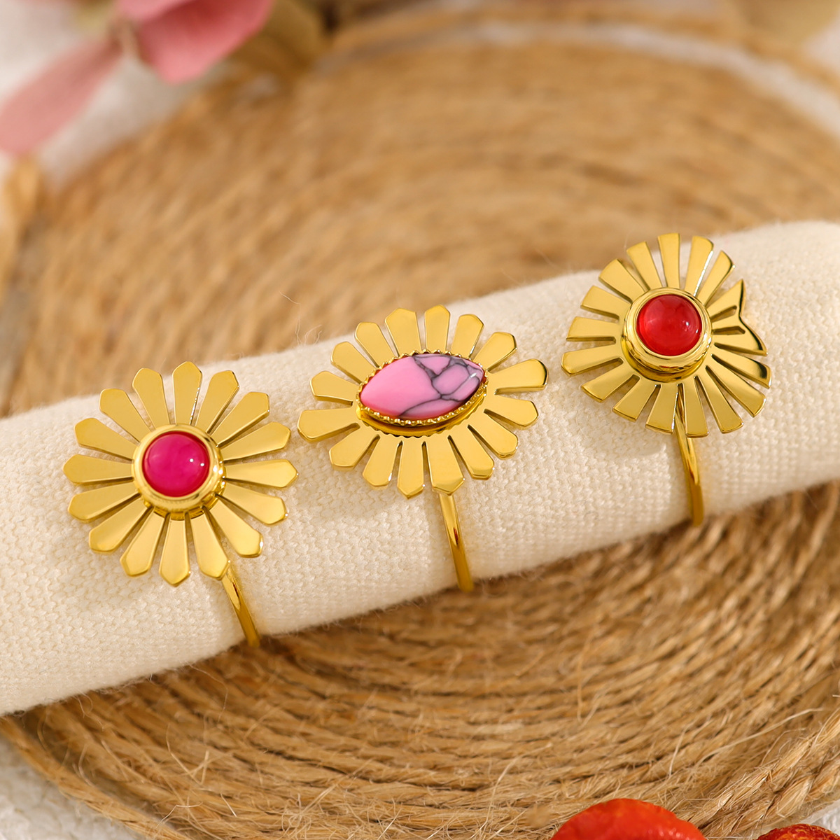 French Vintage Style 18K Gold Plated Titanium Steel Adjustable Flower Ring with Natural Gemstones for Women