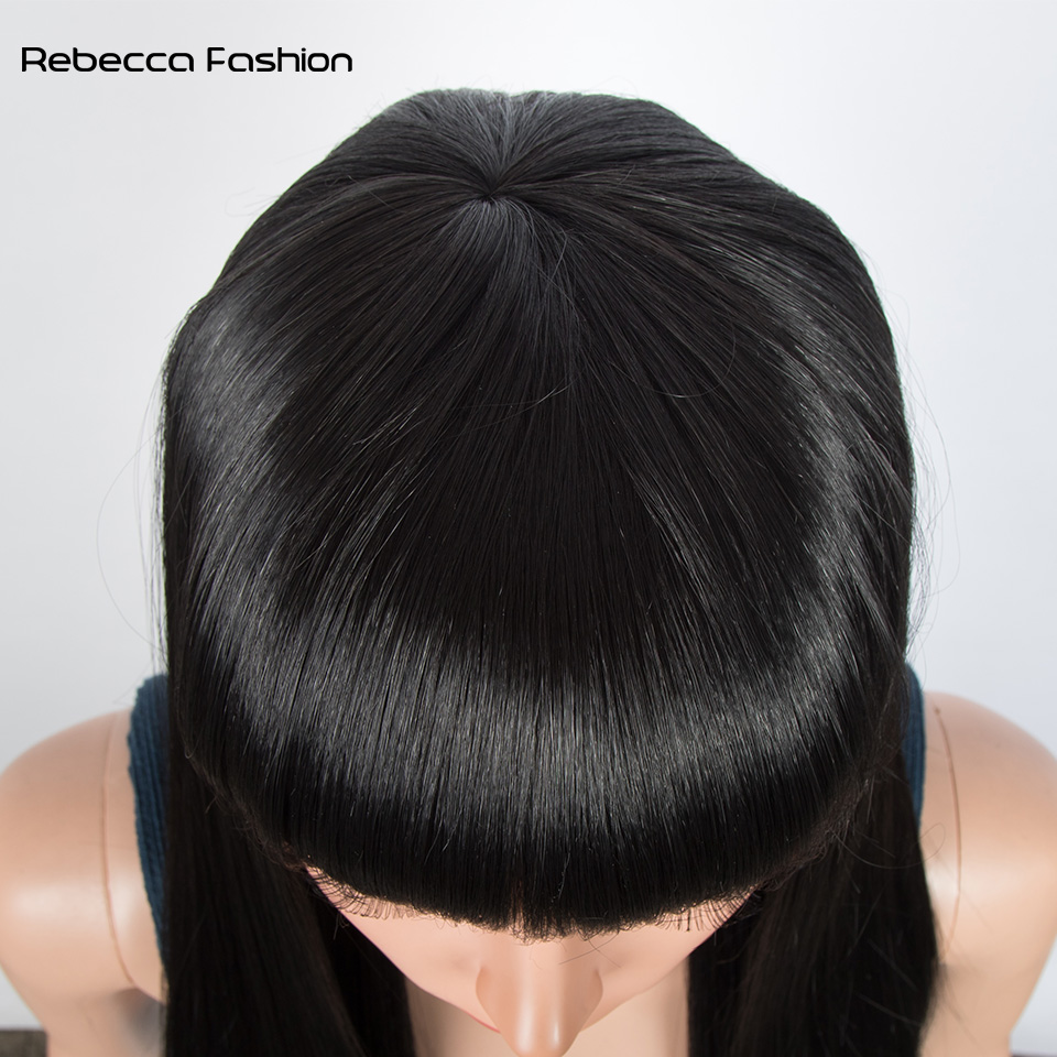 Rebecca Fashion Synthetic 30 Inch Long Straight With Bangs Ombre Brown Wig For Black Women Heat Resistant Daily Use Fake Hair