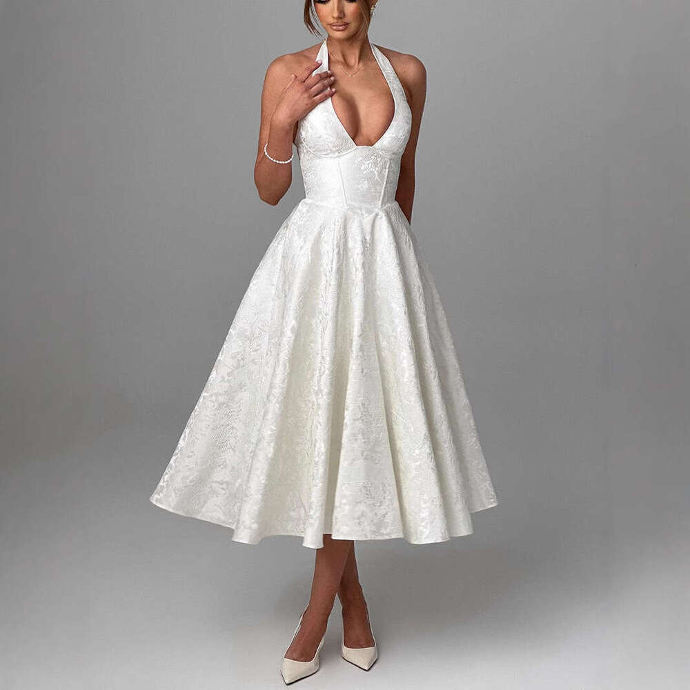 White Dress Maxi Dress V-Neck Hanging Neck Jacquard High-End Evening Dress, Spring And Summer Temperament, Sleeveless Backless Waist Cinching Long Dre