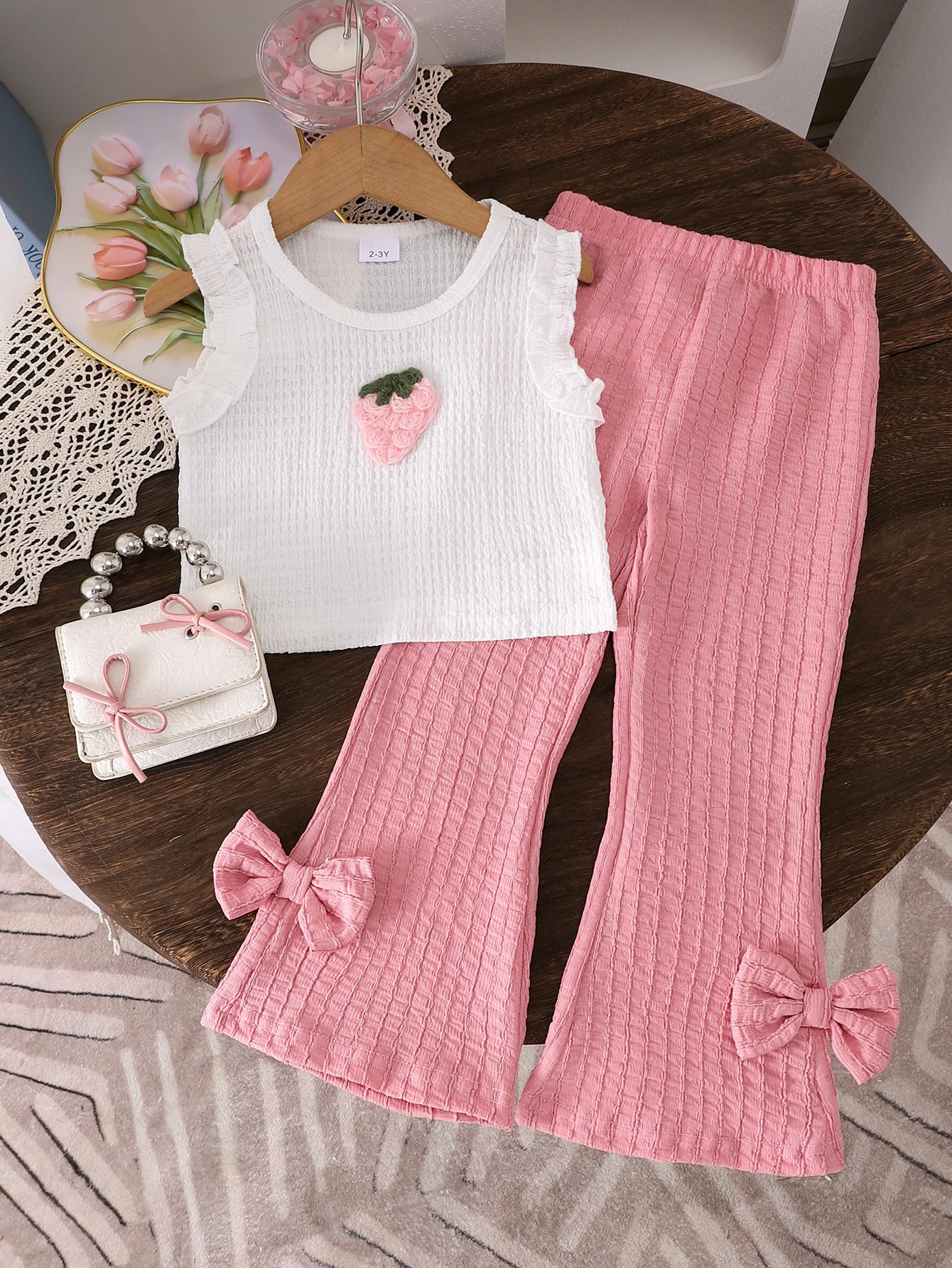 2PCS Summer Girl 2-7 Years Old Sweet And Cute Strawberry Chapter Rice White Vest Trousers 250515