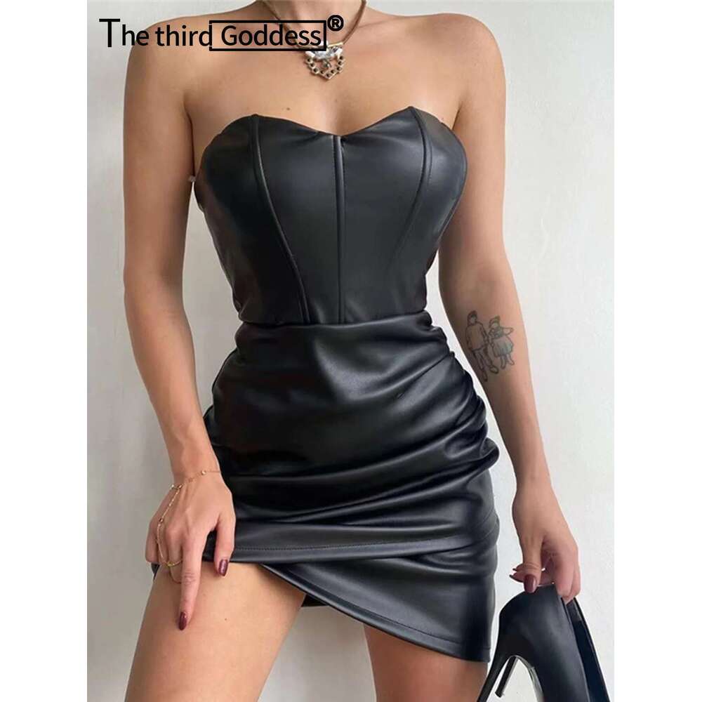 Sexy corset black PU bodycon summer women backless leather mini club birthday party dress short evening dresses vestidos