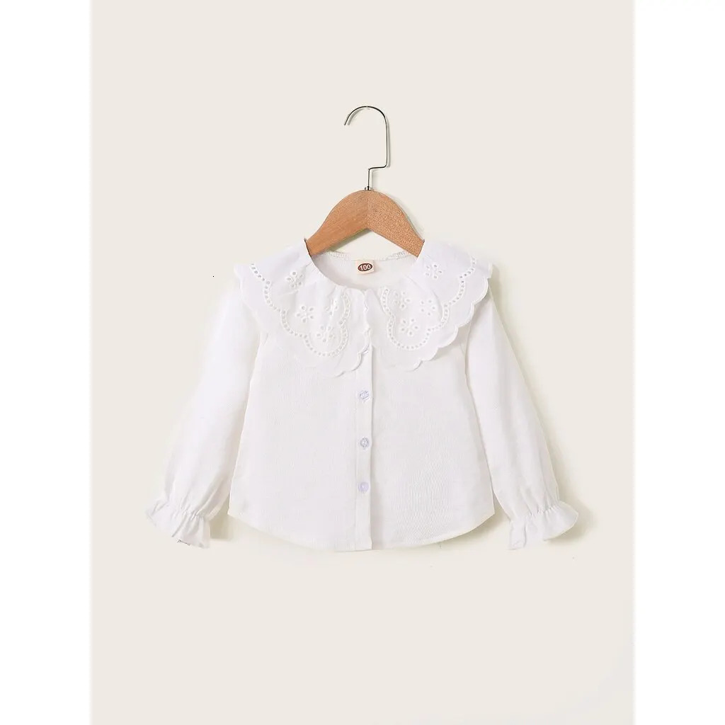 Kids Girl 1-6Y Button T Shirt Hollow Lace Collar White Long Sleeved Lovely Korean Version Top Autumn Toddler Girl Clothes 250515