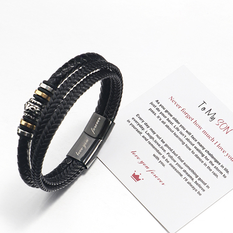 Trendsetting Man's Bracelets: Luxury Stainless Steel Strapped With Genuine Leather Band Featuring Individualized Inscription