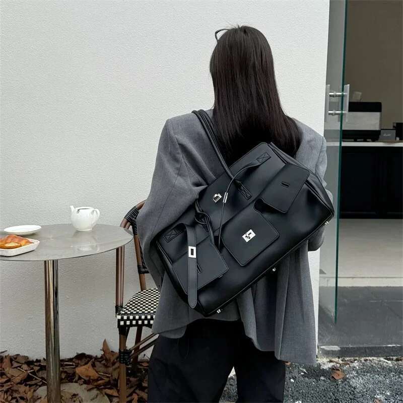 Genuine Leather Women's Cool Motorcycle Platinum Square Buckle Simple And Versatile Large Capacity Travel Underarm Tote Bag