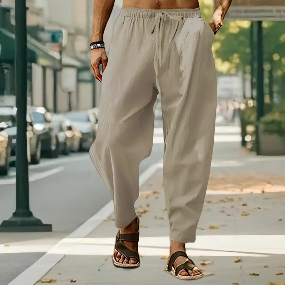 Men Cotton Linen Pants Summer and Autumn Solid High Waist WideLeg Trousers Male Loose Hemp Casual Breathable Sports 250515