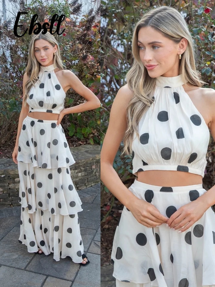 Chic Polka Dots Crop Top Skirts Set Women Elegant Halter Sleeveless Vest Ruffles Aline Long Skirt Summer Lady Outfit 250515