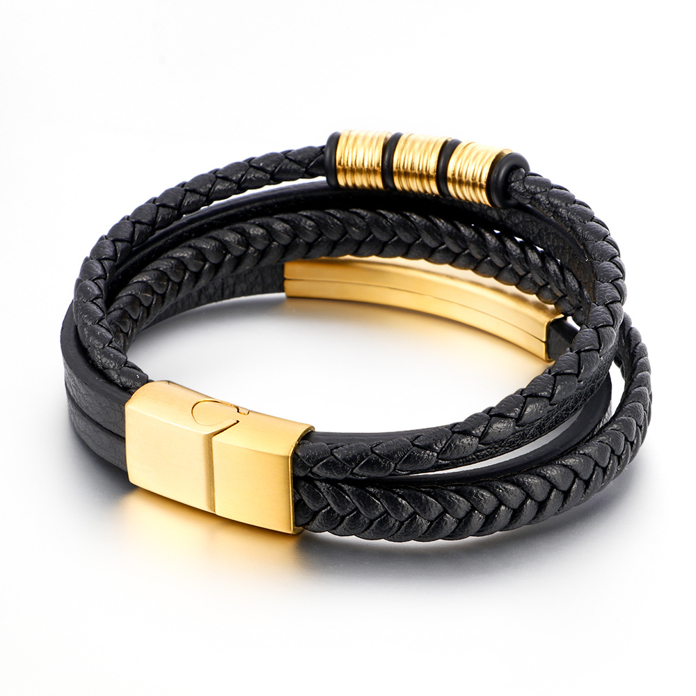 Titanium Steel Braided Men's Bracelet with Magnetic Clasp, Multi-Layer Leather and Stainless Steel Cross - Wholesale