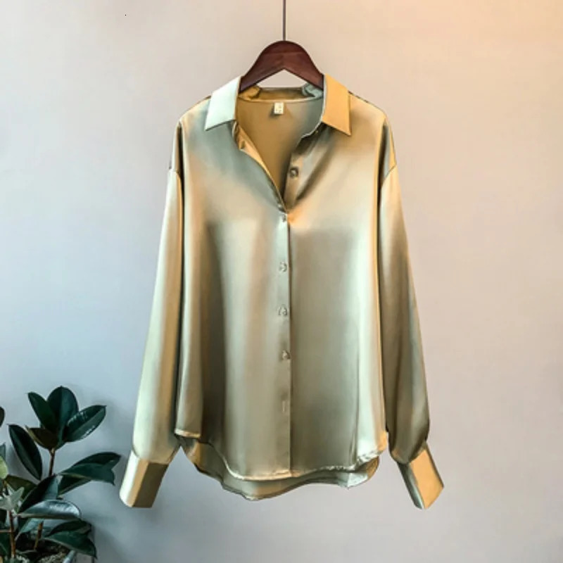 Women Shirt Turndown Collar Solid Color Satin Blouses Fashion Autumn Office Lady Elegant Tops Spring Long Sleeve Clothing 250515