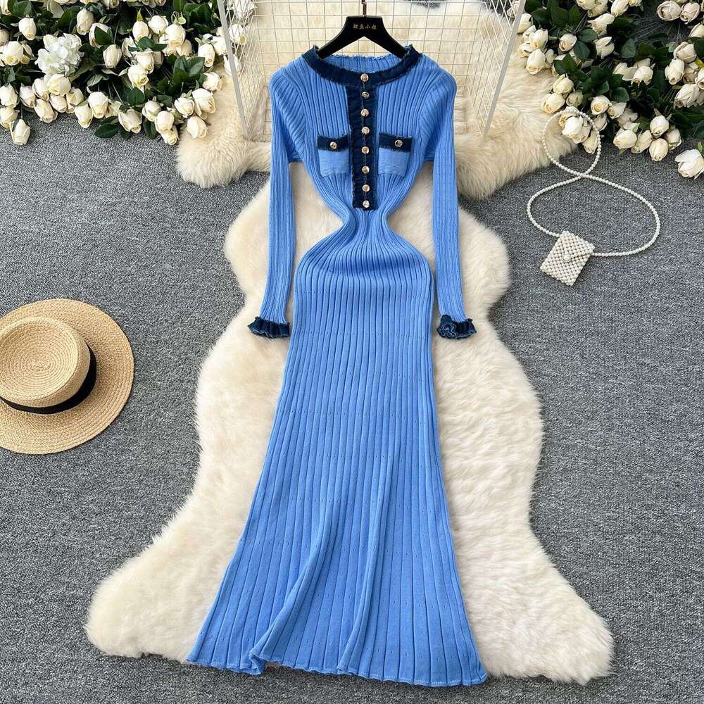 White Dress Maxi Dress Wind Contrasting Color Round Neck Metal Buckle Slim Knit Dress For Women, Elastic Tight Fitting, Hip Hugging, Woolen Dress, Lon