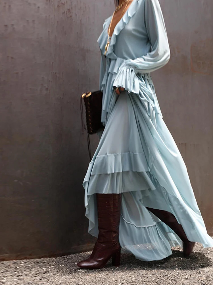 Ruffled Layered Shirt Top Long Skirt Women Two Piece Set Flared Sleeves Lace Up VNeck Pleated Satin Blouse Loose Beach Skirts 250515