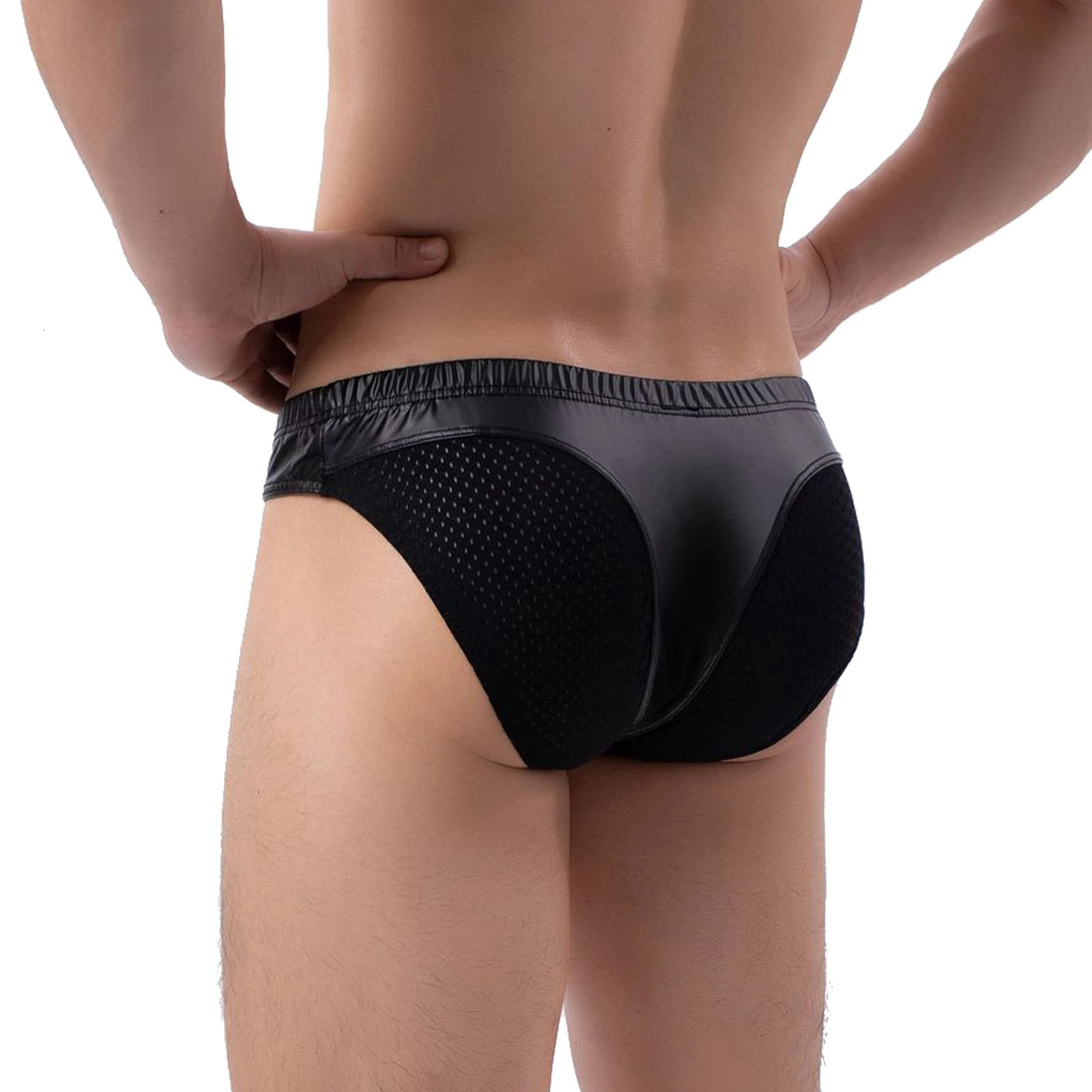 CLEVER-MENMODE Mesh Butt Pu Leather Briefs Sexy Underwear Men Penis Pouch Panties Slips Lingerie Bikini hombre Underpants 250515