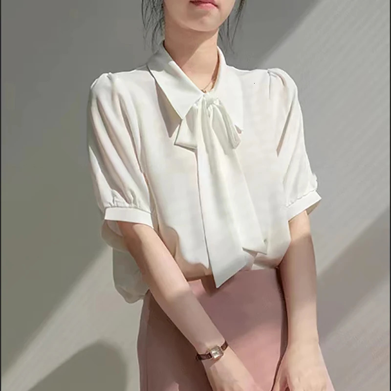 Spring Summer Elagant Chiffon Womens Bow Blouse Short Sleeve Turndown Collar Korean Casual Loose Office Shirts Female 250515