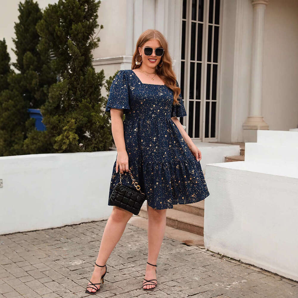 Plus Size Vestido Calf Floral Dress Beach Dress Fulllace Gold Stamping Printing Casual Loose Fitting Cocktail Party Elegant Dress Oversized Womens Clo