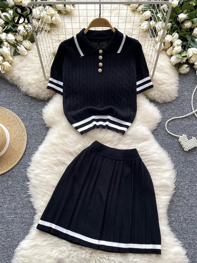 SINGREINY Summer est Knitting Two Pieces Sets Button Vintage Basic TopsHigh Waist Pleated Skirt Women Fashion 2pcs Suits 250515