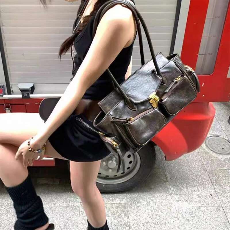 Vintage Underarm For Girl Versatile Multi-pocket Motorcycle Designer Handbag Spaghetti Strap Leather Bag