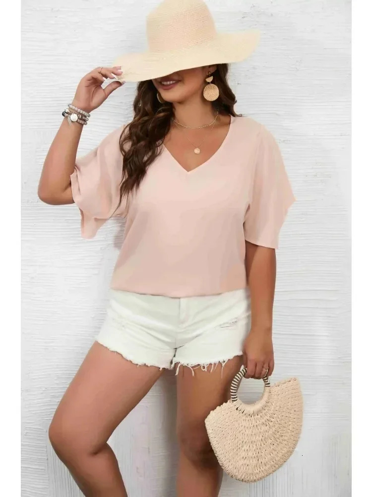 Plus Size 1XL-5XL Womens V Neck Solid Color Short Sleeve Blouse Bell Sleeve Blouse Casual Pullovers Shirt Top 250514