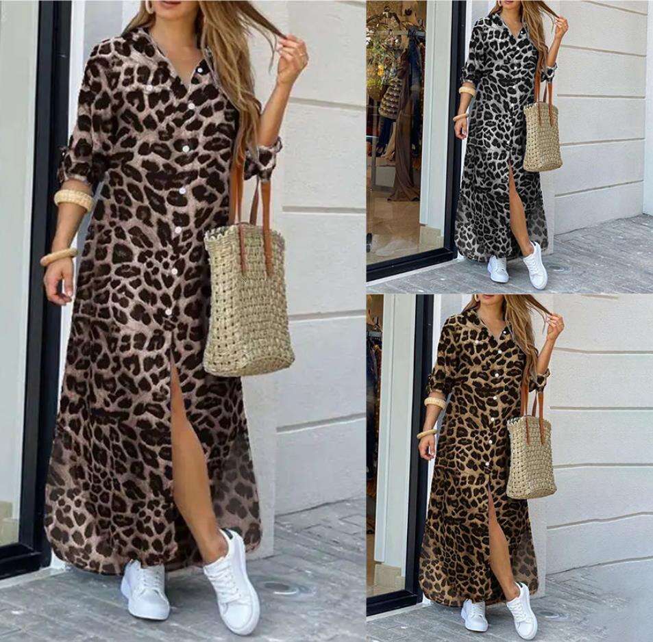 White Dress Maxi Dress 2023 New Spring And Autumn Leisure Leopard Pattern Fashion Split Extra Long Women's Shirt Dress KQ