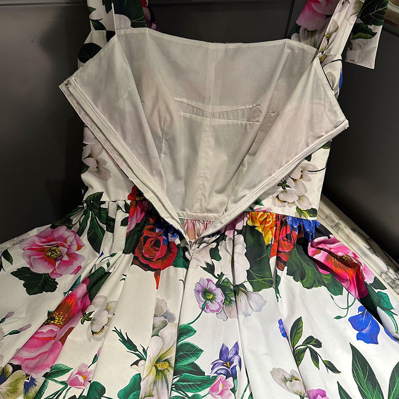 Summer Women's Flower Print Cotton Mini Dresses Designer Fashion Square Neckline Adjustable Straps Waist Up Pleated Vestdios Trendy High-Quality 