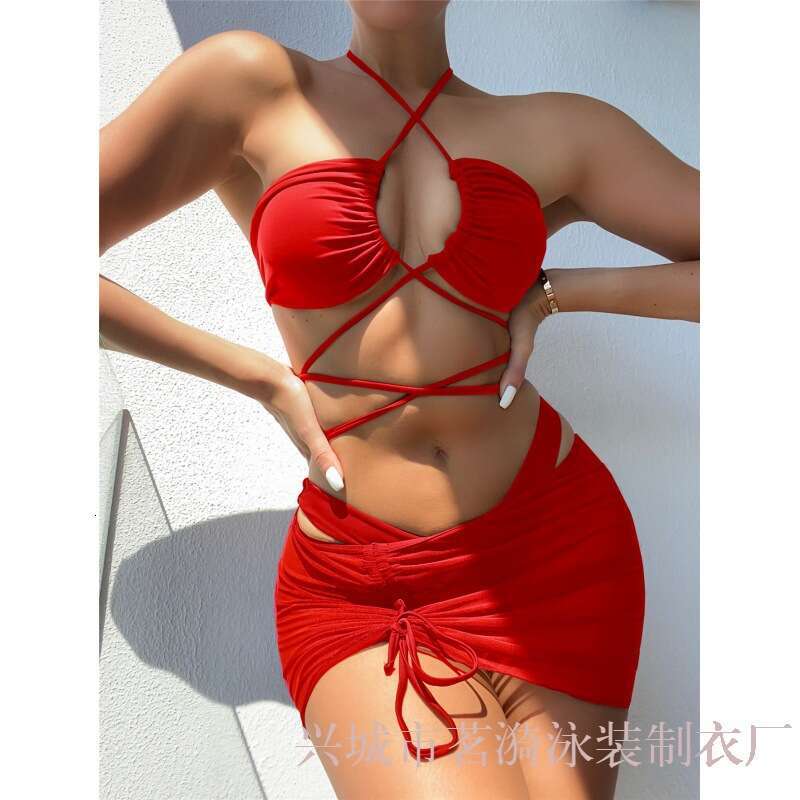Mingyi's European and American sexy multi-color split solid color three piece set bikini women's swimsuit 2025 new casual versatile fashion 
