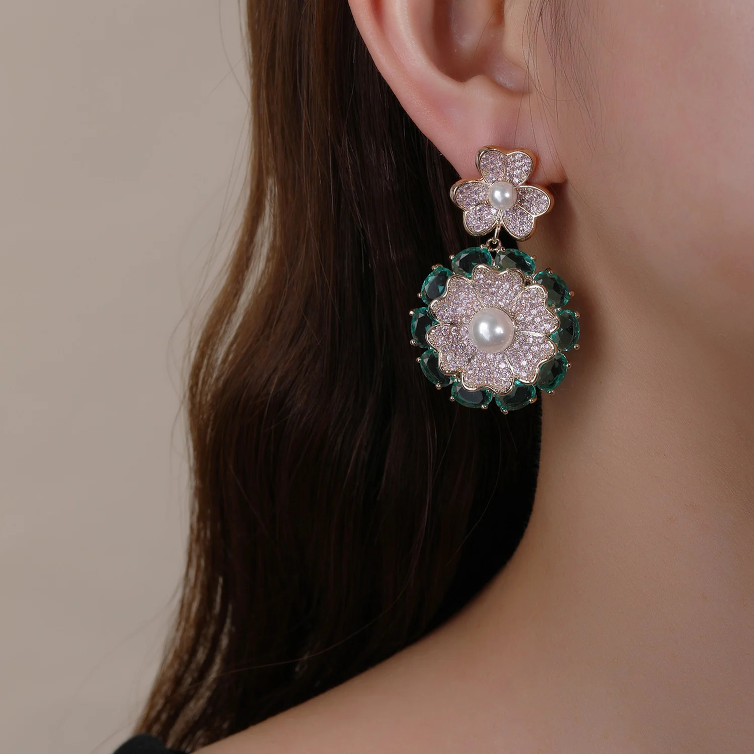 Fashion Cubic Zirconia Crystal Pearl Flower Earrings for Women Bridal Wedding Jewelry Accessories Gift CE12132 250515