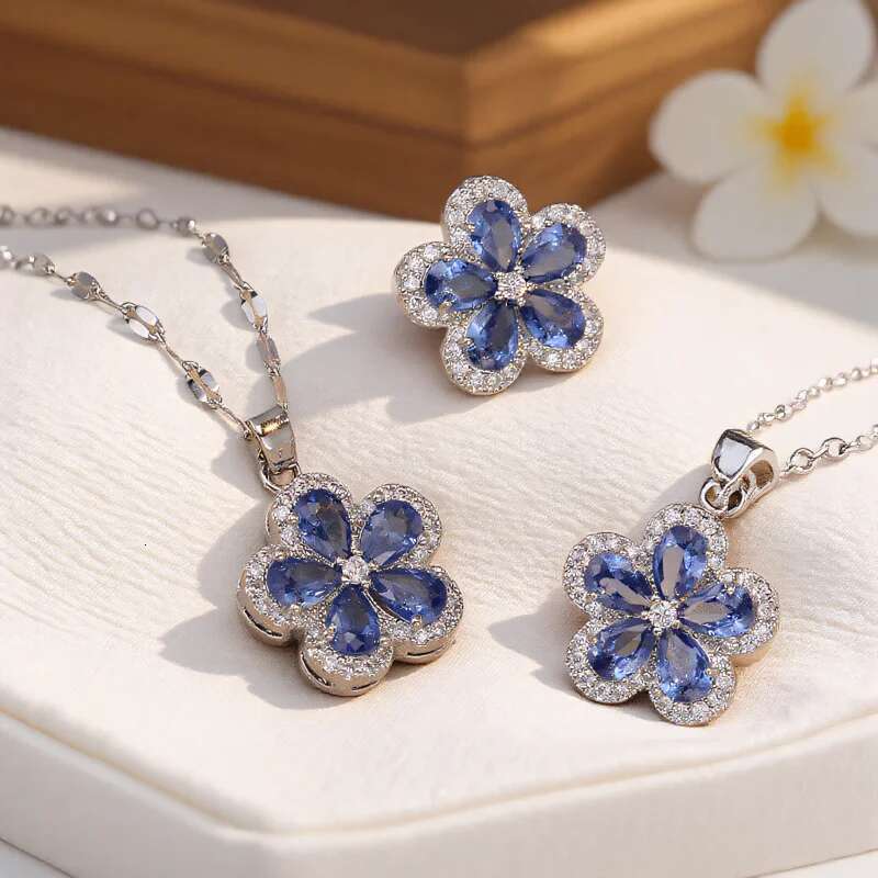 Blue Stone Cherry Flower Pendant Stud Earrings For Women Bridal Wedding Party Zircon Clavicle Necklace Jewelry Sets