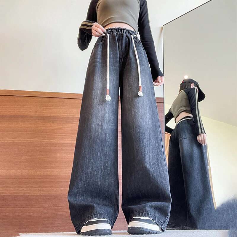 L - 6XL Plus Size For Woman High Elastic Waist Drawstring Black Jeans Women Streetwear Wide Leg Loose Casual Denim Pants