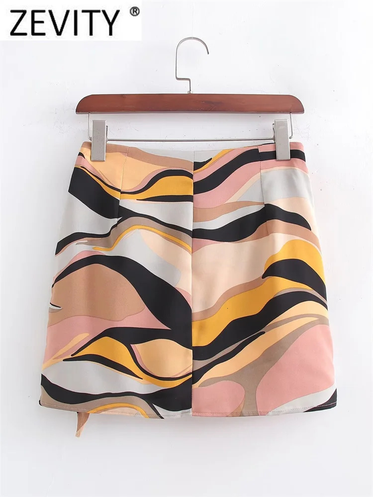 Zevity Women Fashion Color Matching Graffiti Print Bow Ted Wrapped Mini Skirt Skirts Female Zipper Dresses QUN7301 250515