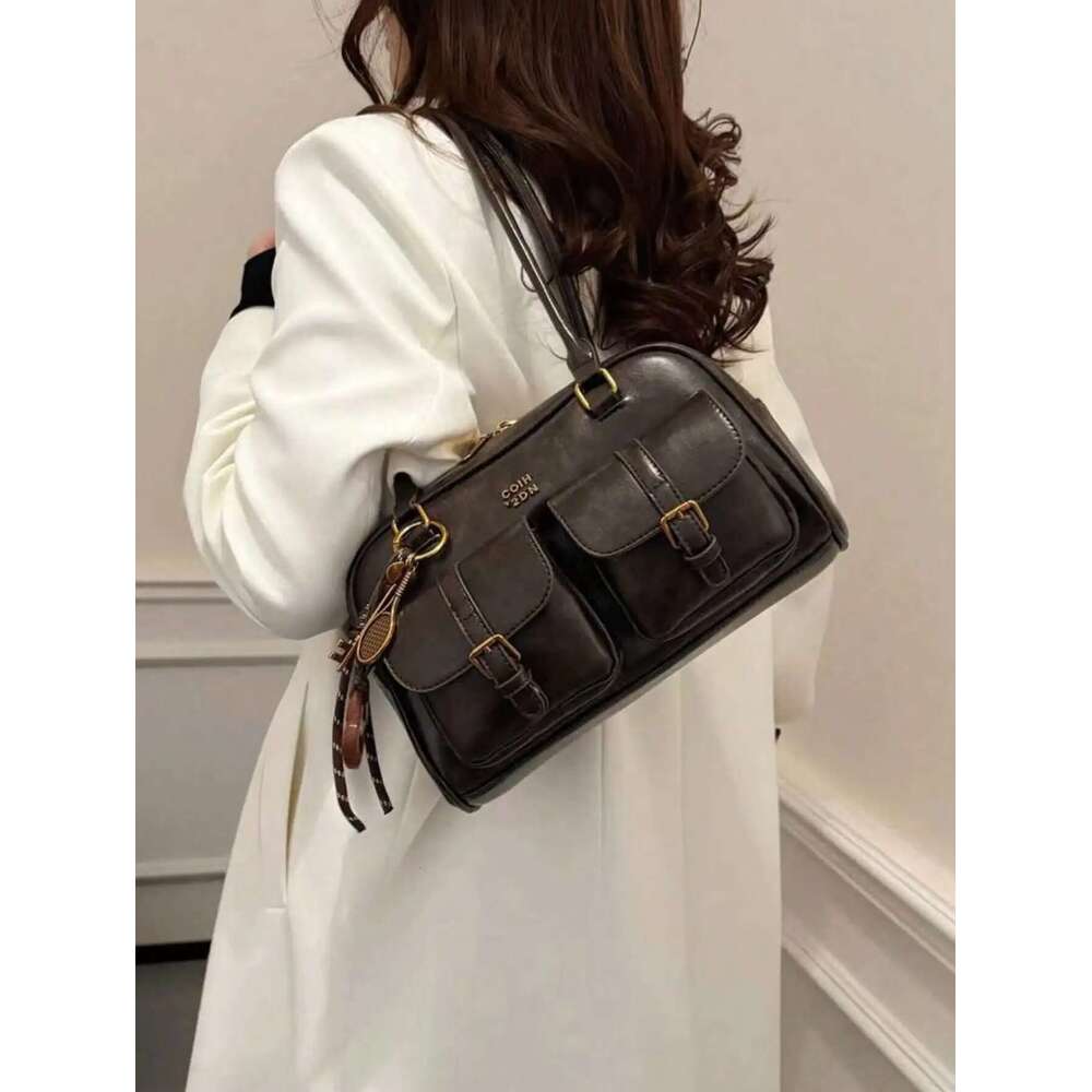 Vintage Brown Tote For Women, Crossbody Shoulder Bag With Metal Buckles & Keychain, Stylish Spacious Daily Purse