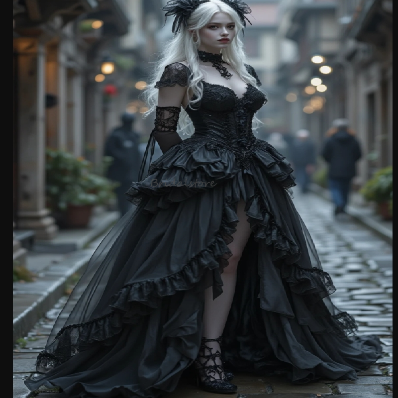Ethereal Black Hi Low Wedding Dress Gothic Ruffles Bohemian Victorian Bride Dress Renaissance Witch Lace Bridal Dress Forest Beach Robe De Mariage 202