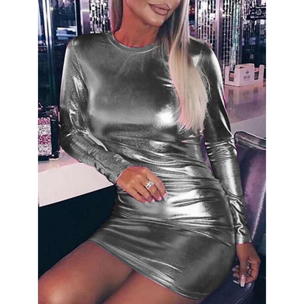 Sexy Shiny Gilding PU Patent Leather Slim Bodycon Women Long Sleeves Solid Color Skinny Dress Elegant Club Party Vestidos