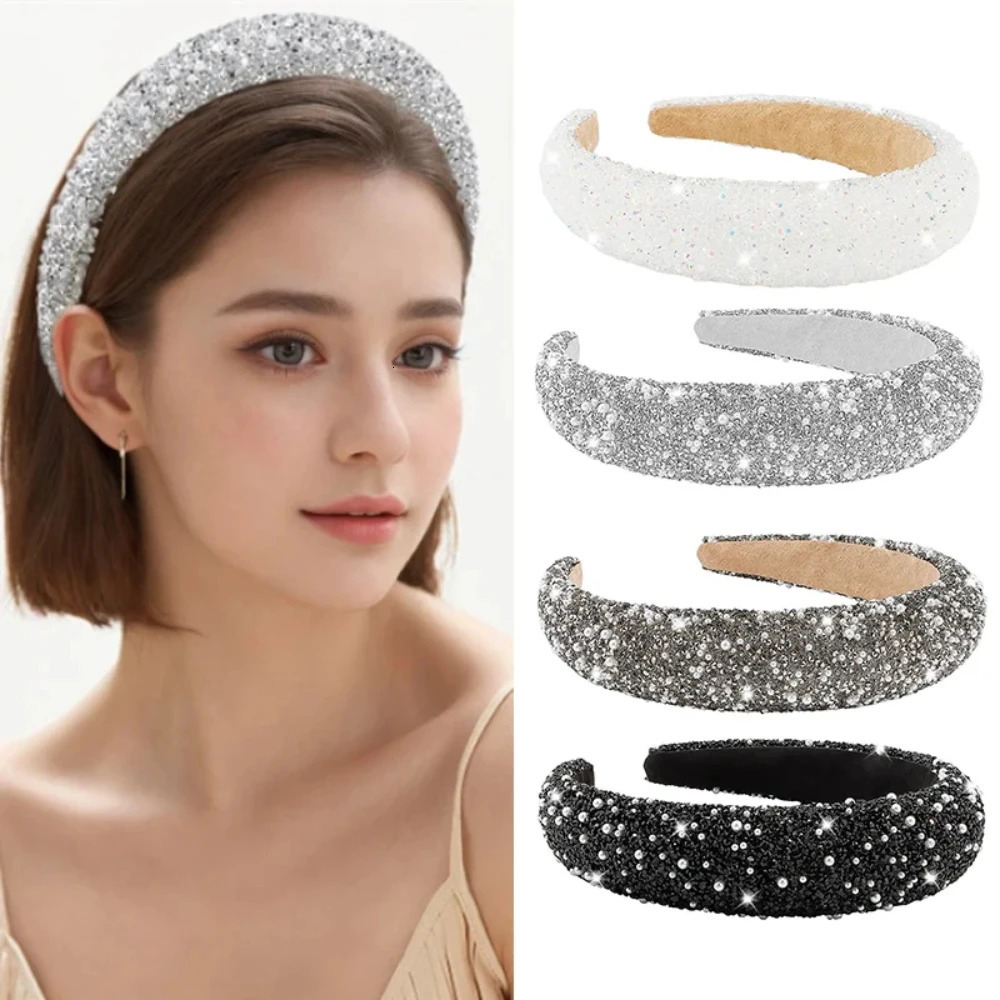 Glamorous Beaded Hairband Bling Crystal Pearl Baroque Headband Wide Cross Headband Sparkly Gorgeous Women Hair Accessories 250509