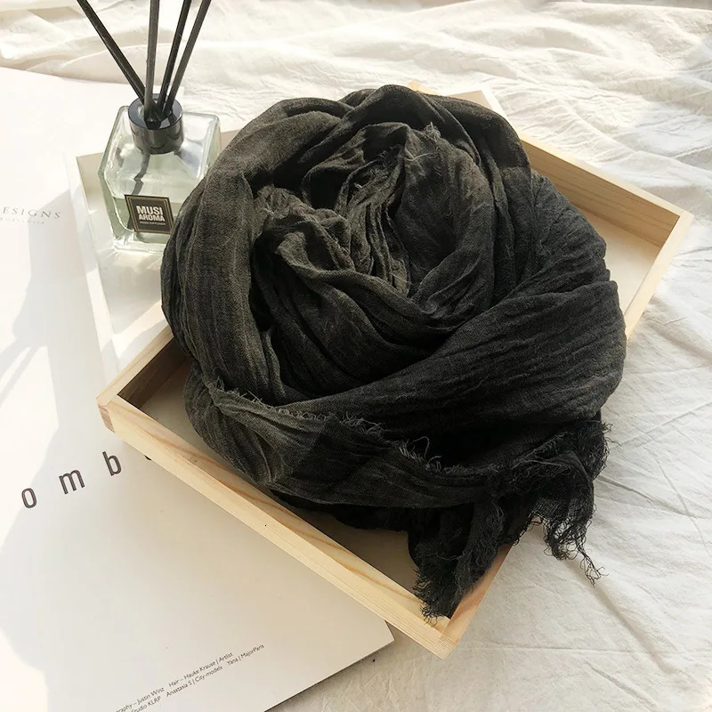 Vintage Crinkle Cotton Linen Scarf for Men Women Solid Color Autumn Winter Warm Pashmina Fringed Edge Soft Shawls and Wraps 250514