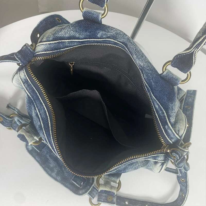new for women high-end denim motorcycle tassel rivets fashionable wash water canvas women's bag