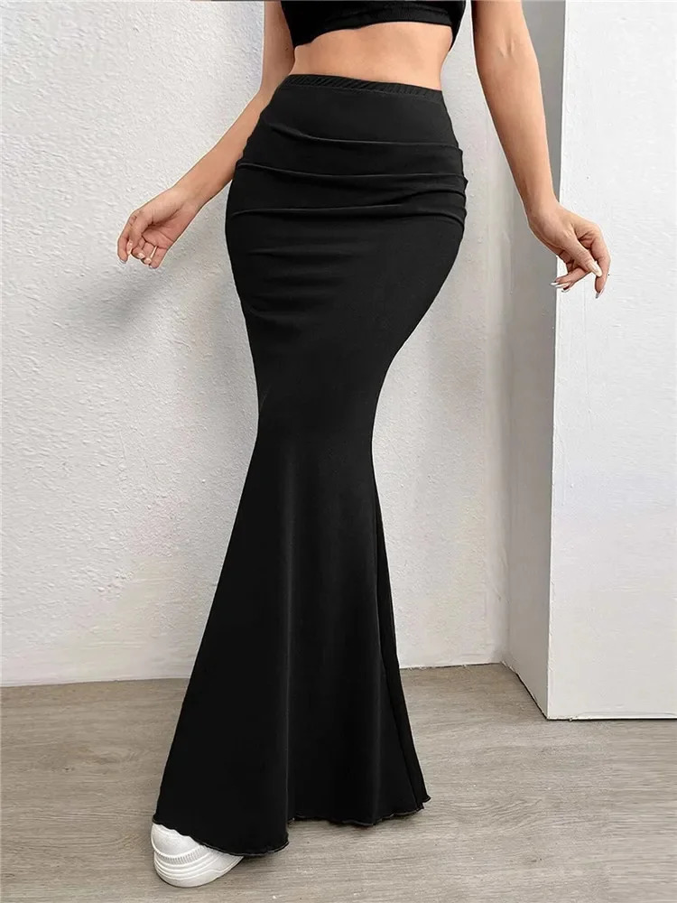 Solid Bodycon Ruched Long Skirt Women Sexy Black Elastic Elegant High Waist Mermaid Maxi Skirts Summer Streetwear 250514