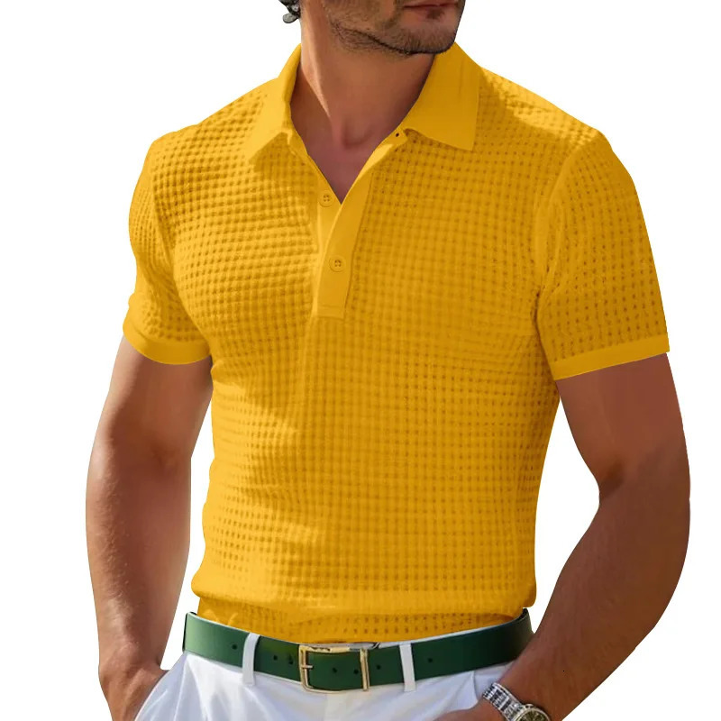 Mens Summer Style European and American Fashion Classic Comfortable Breathable Waffle Solid Color Top T-shirt Polo Shirt 250515