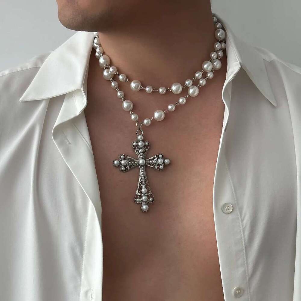 Ingesight.Z Charm Elegant Imitation Pearl Choker For Men Women New Goth Jesus Cross Pendant Necklace Male Party Jewelry