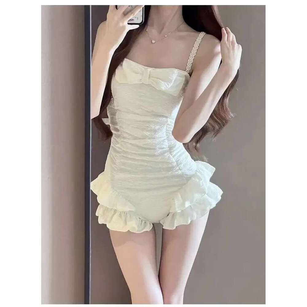 sexy Korean fashion conservative bow swimsuit one piece beige ruffles pearl strapless bodysuits bikinis cute beach outfits