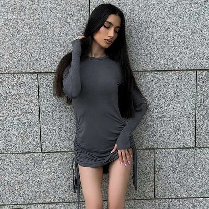 Sexy Drawstring Ruched Mini Dress Outfits for Women Long Sleeve Club Party Bodycon Dresses Solid Vestido Autumn Spring