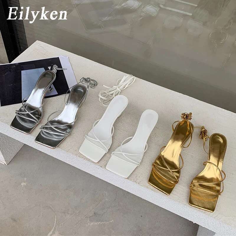 Eilyken Fashion Gold Sier Sandals Thin Low Heel Lace Up Rome Summer Gladiator Women Casual Narrow Band Shoes