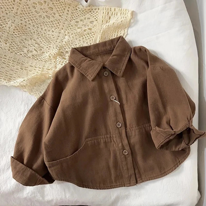 Boys Shirt Spring and Autumn Girls Cotton Long sleeved Shirt Baby Solid Color Top Childrens Cardigan 250515