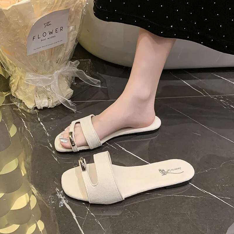 2025Summer Womens Fashion Square Open Toe Narrow Strap Slippers New Metal Designer Outdoor Walking Flip-Flop Shoes
