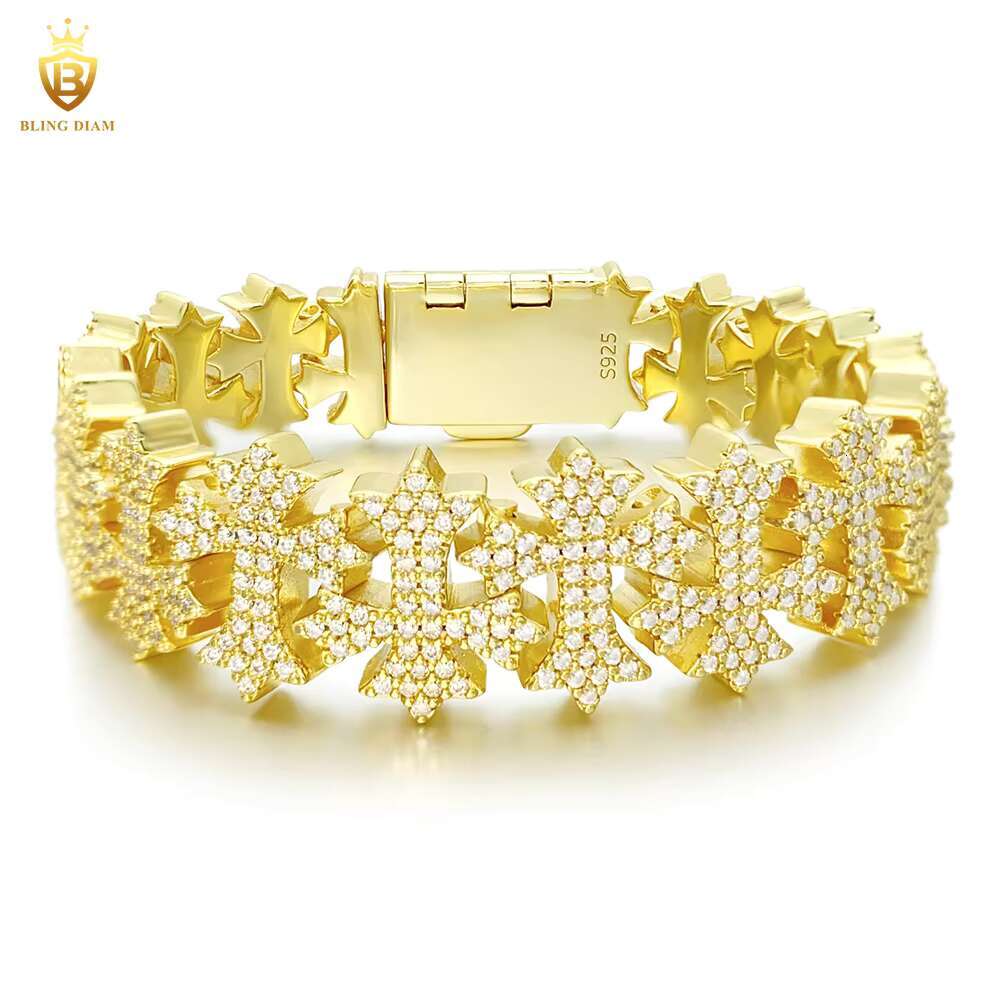 16mm Luxury Jewelry Hip Hop 925 Sterling Silver Moissanite Cuban Link Chain Cross Iced Out Bracelet