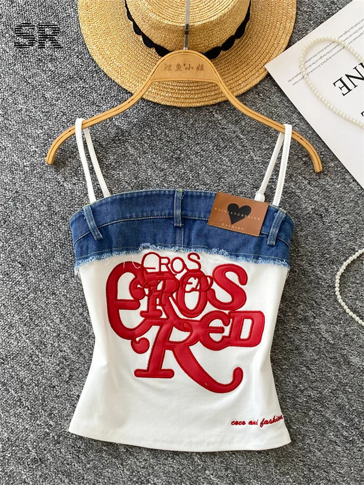 SINGREINY American Retro Y2k Strap Tops Letter y Denim Patchwork Fashion n Women sweet Streetwear Slim Crop Top 250515