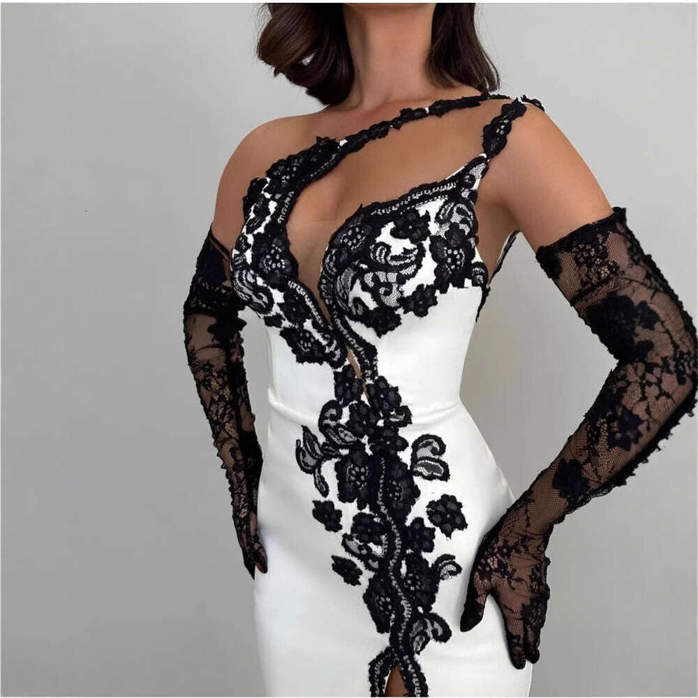 White Dress Maxi Dress Black Lace Gloves Sexy Low Cut Slanted Shoulder White Long Skirt Socialite Party Bandage Dress KQ
