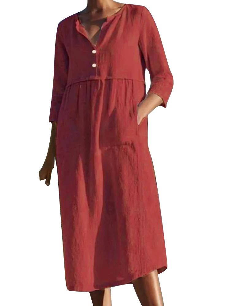 Plus Size Womens Linen Shirts Dress Fall V Neck 34 RolledUp Sleeve Pleated Soft Beach Yoga Shift with Pockets 250506