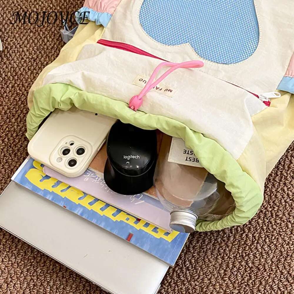 Bookbag Women Girls Color-Block Daypack Nylon Drawstring Laptop Backpack Adjustable Strap Rucksack for Travel School