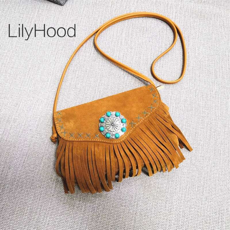 Female Genuine Leather Bohemian Gypsy Handbag 2025 Fashion Natural Suede Fringes Tribal Boho Chic Small Messenger Bag For Women