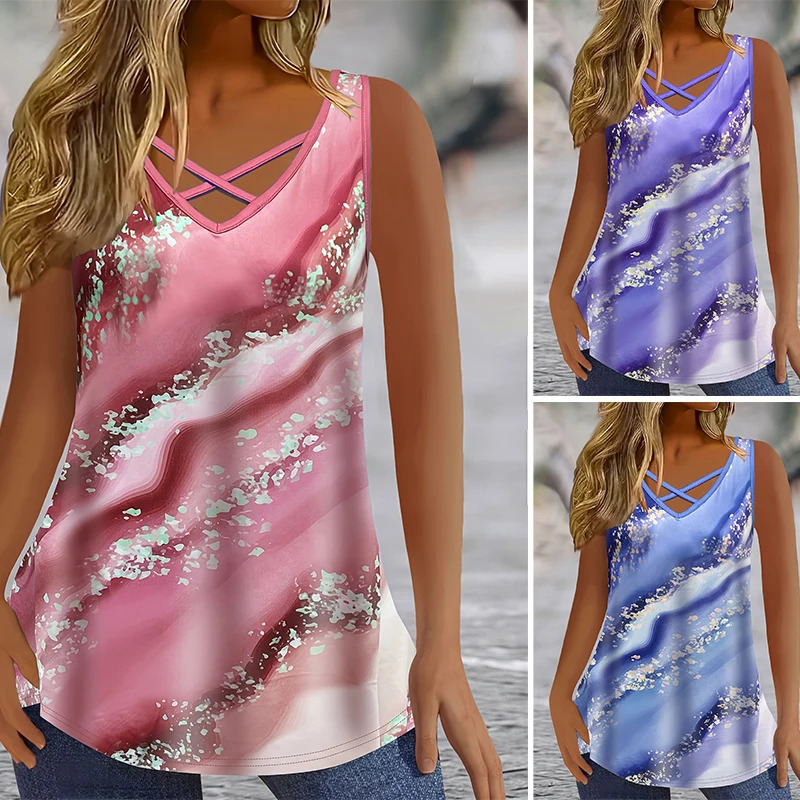 Plus Size Marble Print Tank Top Casual Criss Cross Sleeveless V Neck Top For Summer Spring Womens Plus Size Clothing 250515